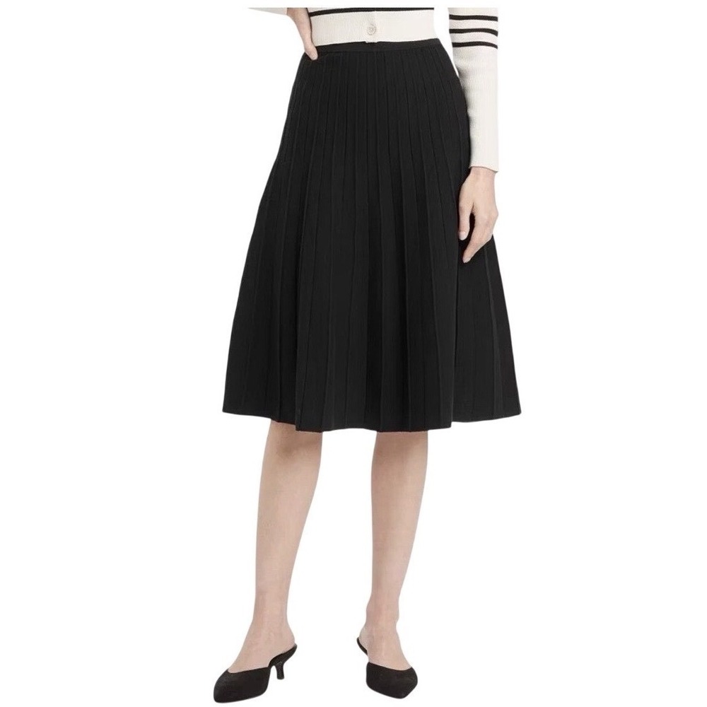 Pleated Midi Sweater Skirt Black Knit A-Line Minimalist Corporate Chic Business
